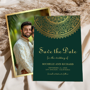 Reserva La Fecha Boda india foto mandala oro verde esmeralda