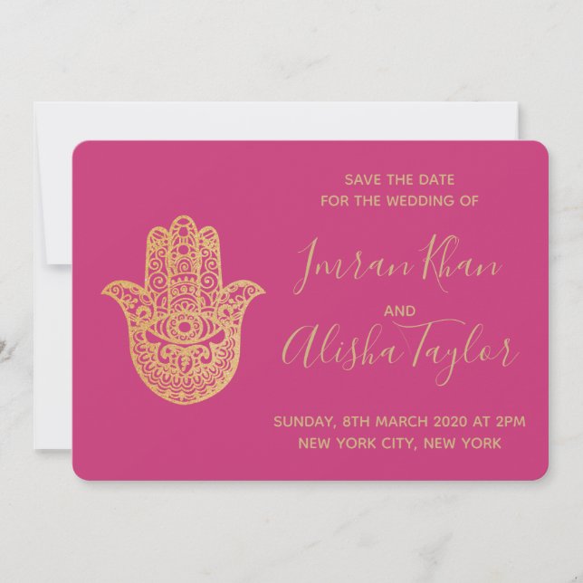 Reserva La Fecha Boda India Guárdala fecha Hamsa dorado Henna (Anverso)
