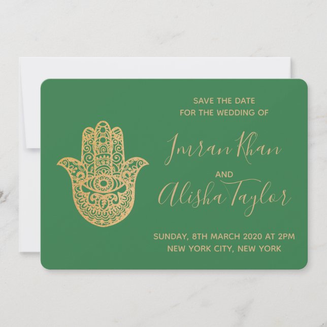Reserva La Fecha Boda india guardar fecha Hamsa dorado Henna (Anverso)
