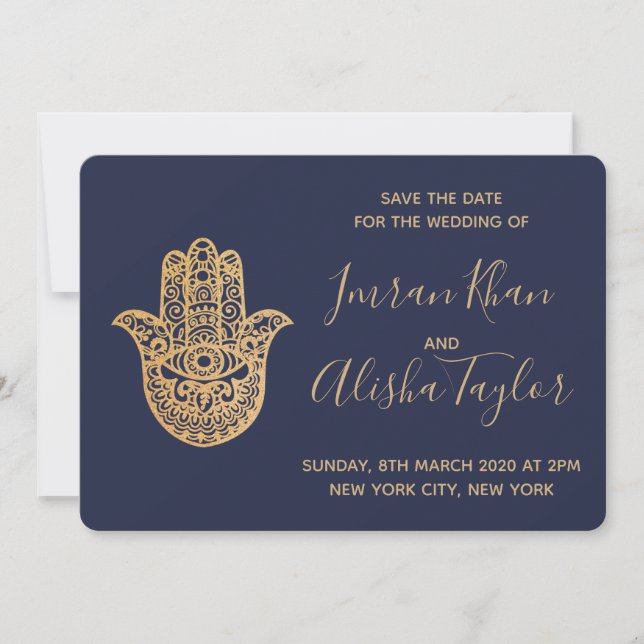 Reserva La Fecha Boda India Save the date Hamsa dorado Henna (Anverso)