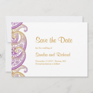 Reserva La Fecha Boda indio Paisley Purple & Gold