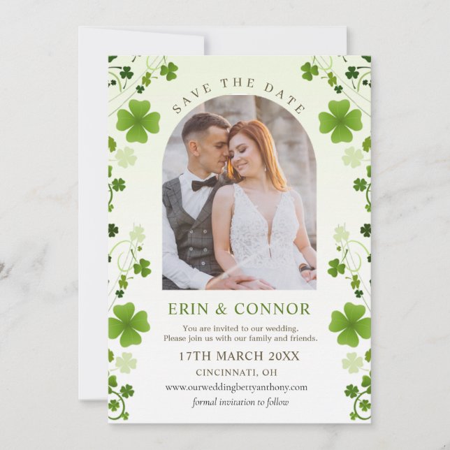 Reserva La Fecha Boda irlandesa de Shamrock Swirls Ahorra la invita (Anverso)