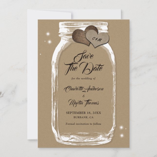 Reserva La Fecha Boda Mason Jar de papel de Kraft ruso (Anverso)