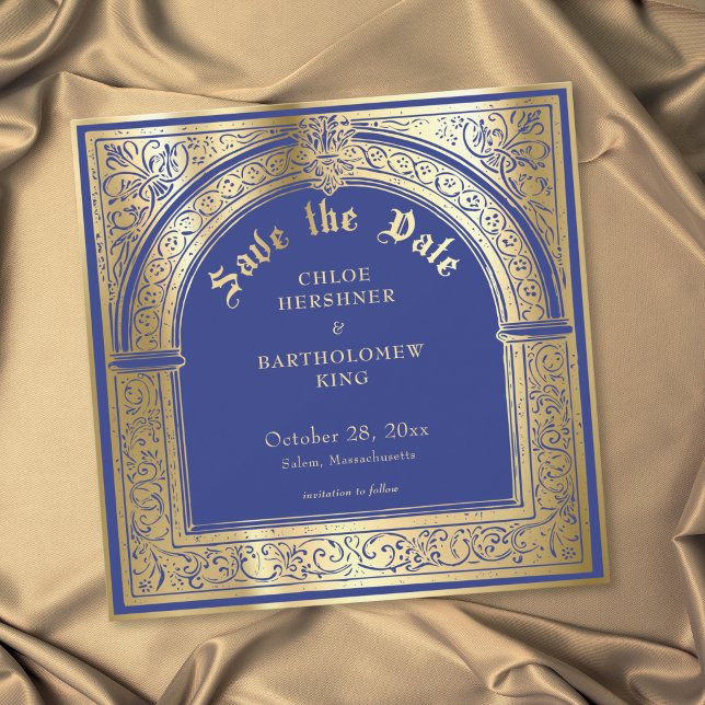 Reserva La Fecha Boda Medieval Gótica de Azul y Oro (Gothic Blue Gold Medieval Wedding Save The Date)