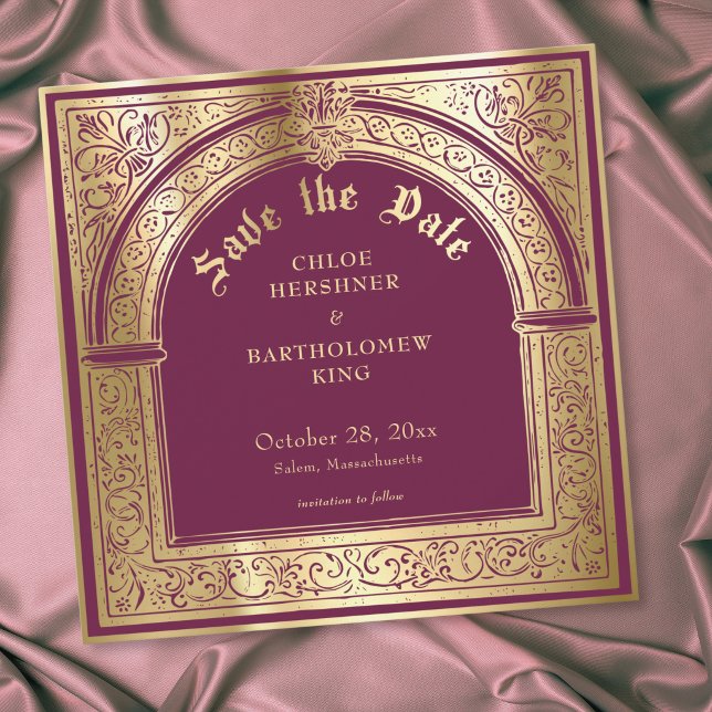 Reserva La Fecha Boda medieval gótica de oro de Borgoña (Gothic Burgundy Gold Medieval Wedding Save The Date)