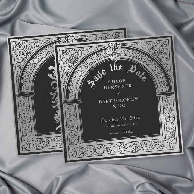 Reserva La Fecha Boda Medieval Gótico de Plata y Negro (Gothic Black Silver Medieval Wedding Save The Date)