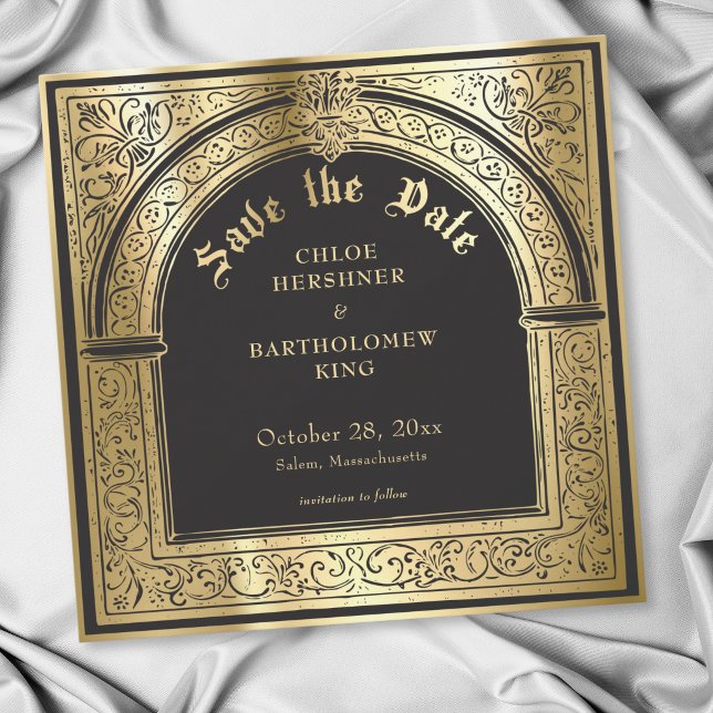Reserva La Fecha Boda Medieval Gótico Negro Oro (Gothic Black Gold Medieval Wedding Save The Date)
