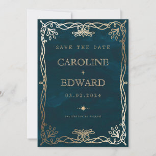 Reserva La Fecha Boda Medieval Índigo de Oro y Hiedra 