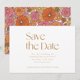 Reserva La Fecha Boda minimalista floral naranja rosa boho retro