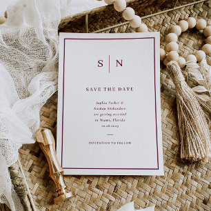 Reserva La Fecha Boda minimalista y chic con borde blanco y burgund