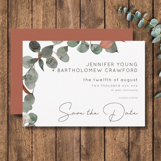 Reserva La Fecha Boda mínimo de hueso de eucalipto verde de óxido (Minimal Rust Green Eucalyptus Wreath Wedding Save The Date)