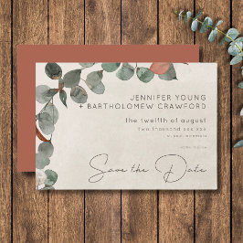 Reserva La Fecha Boda mínimo de hueso de eucalipto verde de óxido