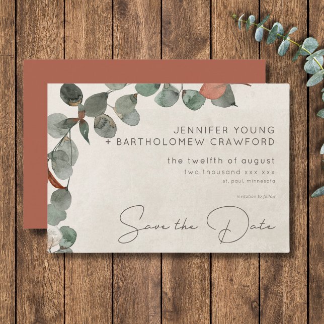 Reserva La Fecha Boda mínimo de hueso de eucalipto verde de óxido (Minimal Rust Green Eucalyptus Wreath Wedding Save The Date)