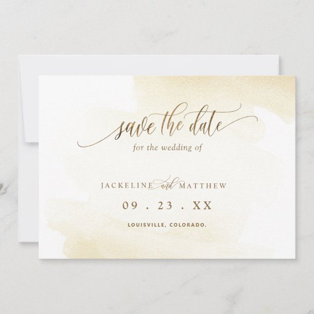 Reserva La Fecha Boda mínimo de lavado y caligrafía dorados amarill (Anverso)