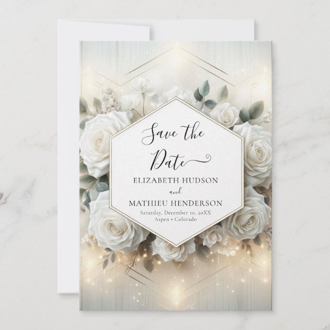 Reserva La Fecha Boda mínimo editable de rosas blancas (Anverso)
