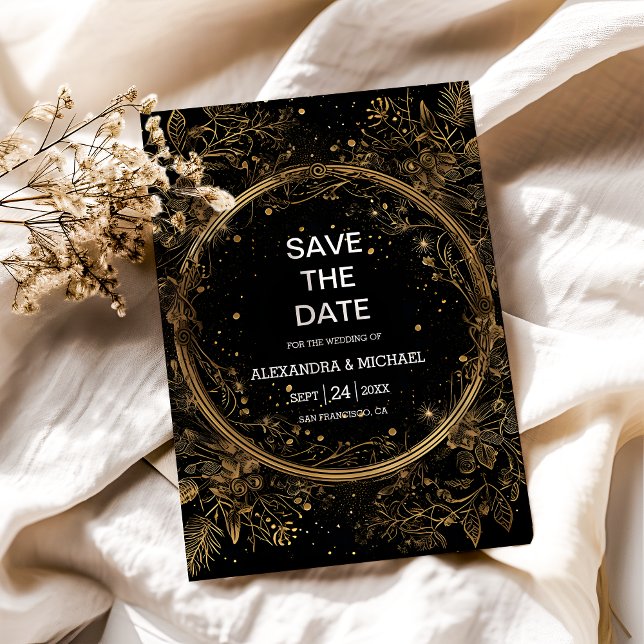 Reserva La Fecha Boda Mística Celestial de Negro y Dorado (Subido por el creador)
