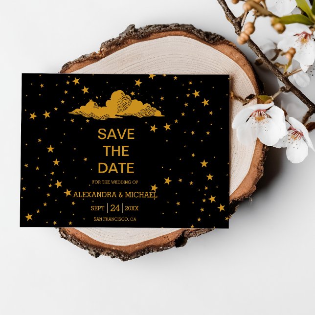 Reserva La Fecha Boda místico de estrellas celestes de oro negro (Subido por el creador)