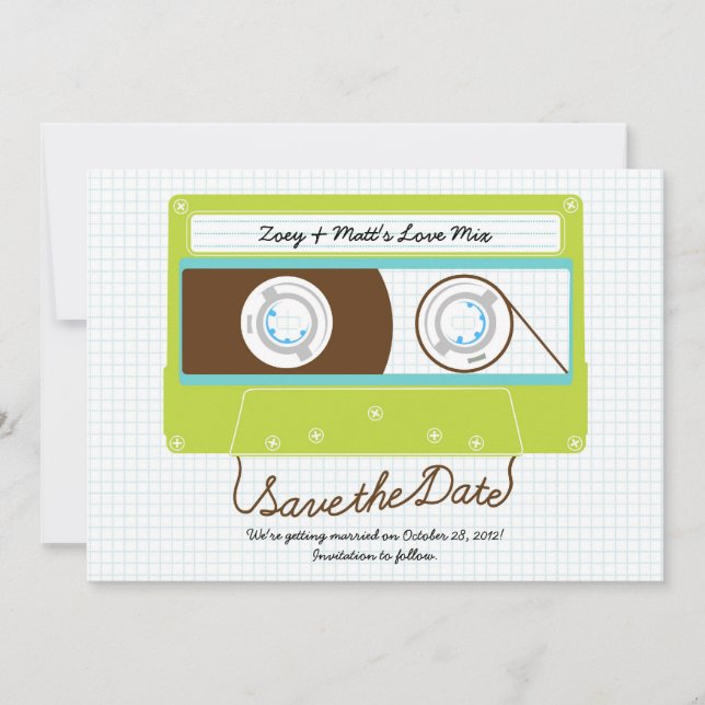 Reserva La Fecha Boda Mixtape Retro Indie Azul / Verde Lima (Anverso)