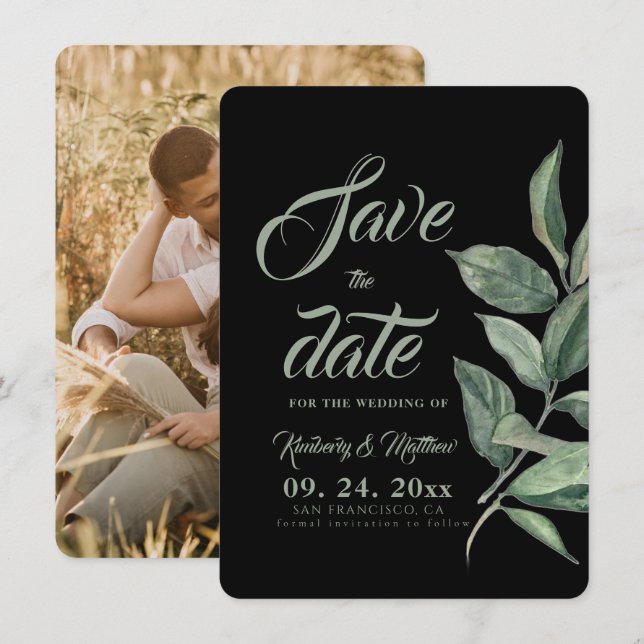 Reserva La Fecha Boda moderna Black & Sage Greenery Guardar la fech (Anverso / Reverso)
