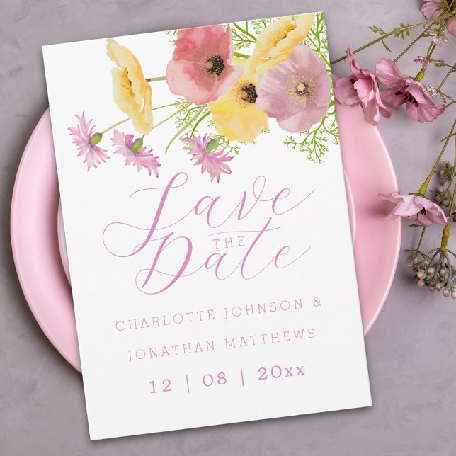 Reserva La Fecha Boda Moderna Bohemio Chic Floral Rosa (Elegant wildflower watercolor pink yellow floral wedding save the date invitation)