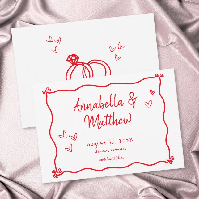 Reserva La Fecha Boda moderna caprichosa con corazón dibujado a man (Red Hand Drawn Heart Whimsical Modern Wedding Save The Date)