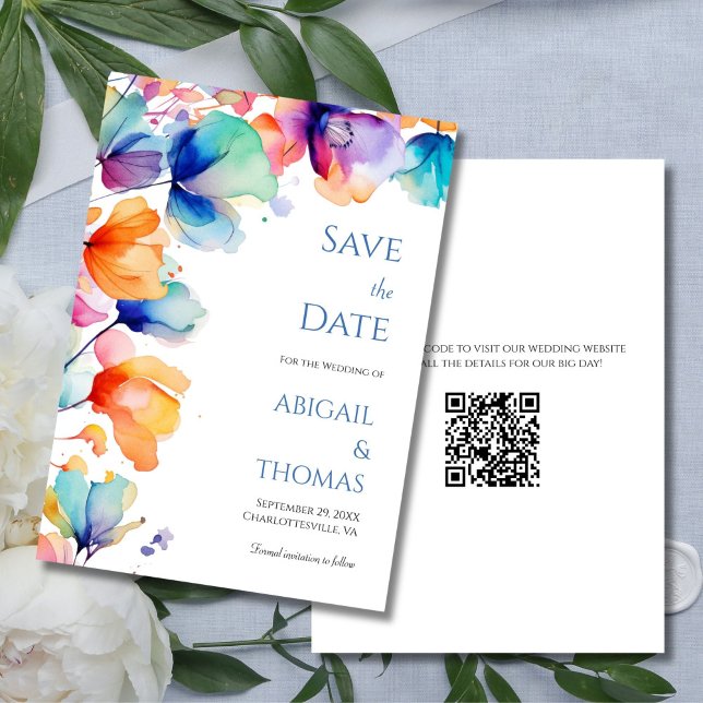 Reserva La Fecha Boda moderna con código QR floral de acuarela bril (Bright Watercolor Florals, Blue Orange Purple Wedding Save the Date Card with QR code)