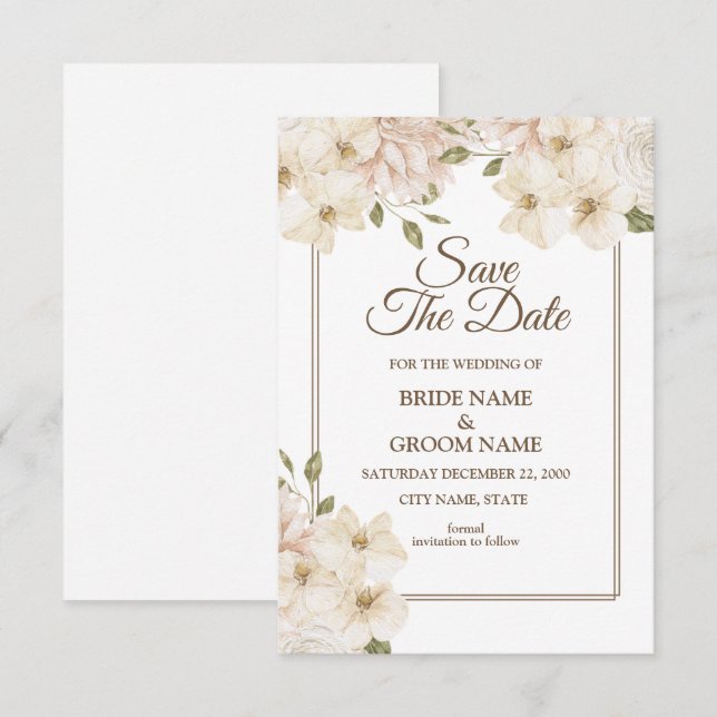 Reserva La Fecha Boda moderna con marco floral rosa blanco (Anverso / Reverso)