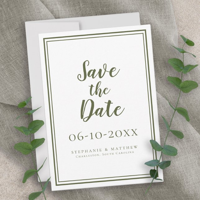 Reserva La Fecha Boda moderna de guión verde oliva simple clásico (Modern Olive Green Wedding Script Simple Classic Save The Date)