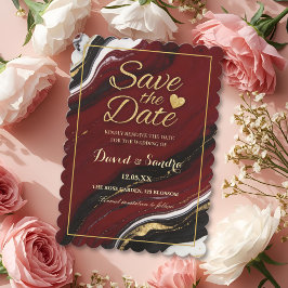 Reserva La Fecha Boda moderna de mármol de ágata dorada y borgoña c