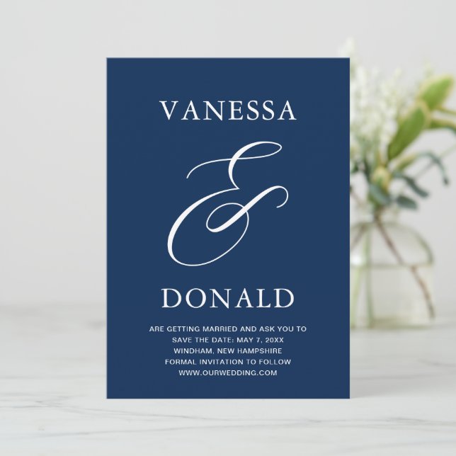 Reserva La Fecha Boda moderna de Vanessa en azul marino (Anverso de pie)