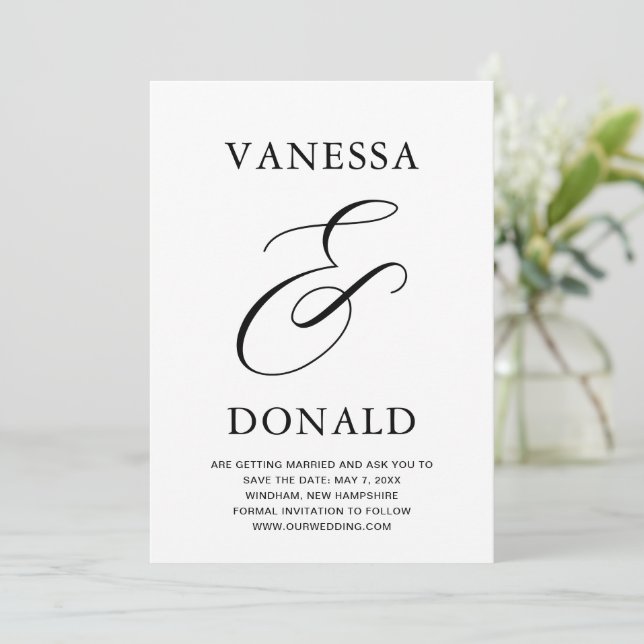 Reserva La Fecha Boda moderna de Vanessa en blanco y negro (Anverso de pie)