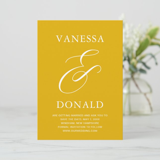 Reserva La Fecha Boda moderna de Vanessa Mostaza Amarillo (Anverso de pie)