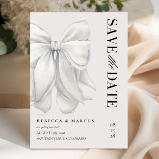 Reserva La Fecha Boda Moderna Elegante Marfil Coqueta Lazo Blanco