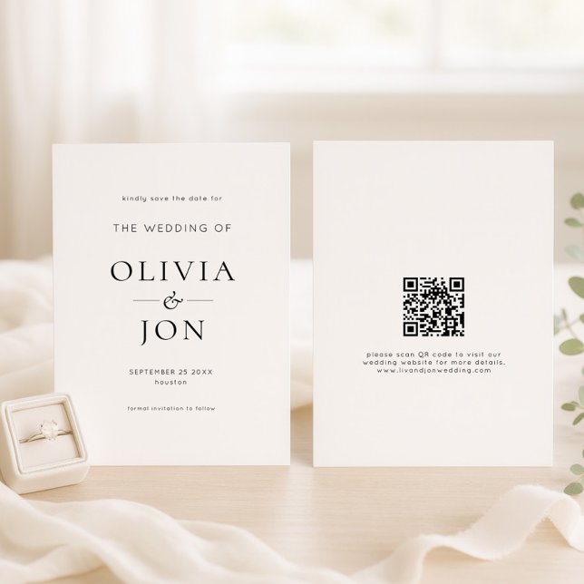 Reserva La Fecha Boda moderna en blanco y negro con código QR (front and back view)