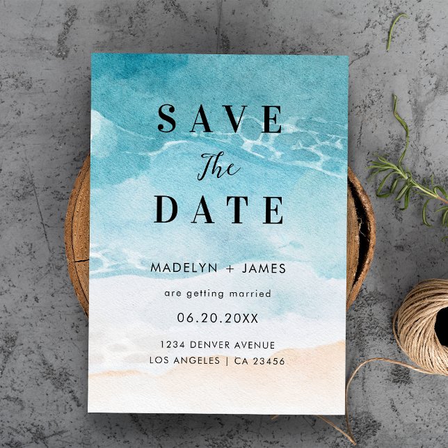 Reserva La Fecha Boda moderna en la playa del océano de verano (Modern Summer Ocean Beach Wedding Save The Date
)