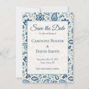 Reserva La Fecha Boda Moderna Floral Paisley Azul Verde