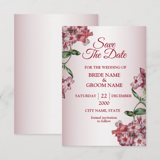 Reserva La Fecha Boda moderna floral verde hojas rosa rojo (Anverso / Reverso)