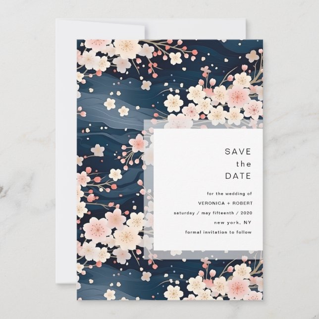 Reserva La Fecha Boda moderna Navy Waves Sakura Blossom (Anverso)