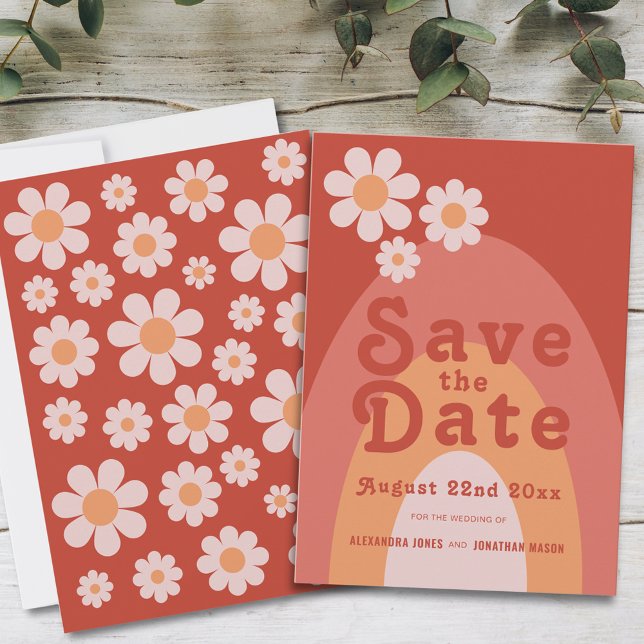Reserva La Fecha Boda moderna retro de los 70 (Retro 70s vintage daisy arch orange wedding save the date invitation with groovy typography )