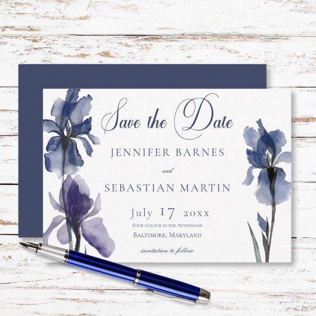 Reserva La Fecha Boda moderno con flores de iris azules (Blue Iris Flowers Modern Wedding Save The Date)