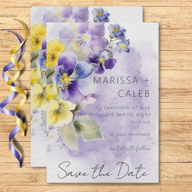 Reserva La Fecha Boda moderno con flores moradas y amarillas (Purple & Yellow Floral Modern Wedding Save The Date)