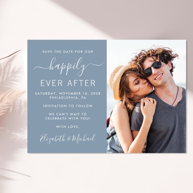 Reserva La Fecha Boda moderno de foto azul turbulento (A chic happily ever after photo save the date announcement card)