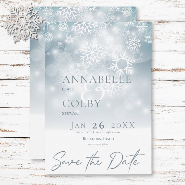 Reserva La Fecha Boda moderno de Nieve de invierno azul (Blue Winter Snow Modern Wedding Save The Date)
