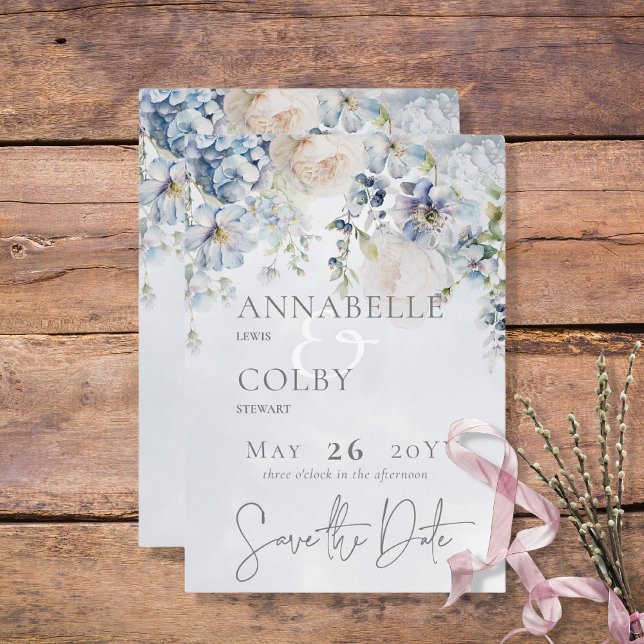 Reserva La Fecha Boda moderno floral azul y blanco (Subido por el creador)