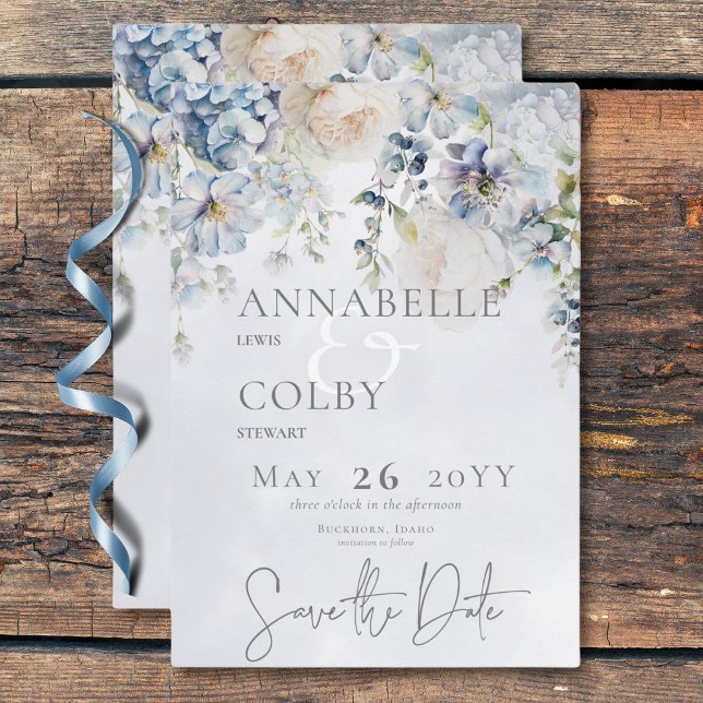 Reserva La Fecha Boda moderno floral azul y blanco (Blue & White Floral Modern Wedding Save The Date)