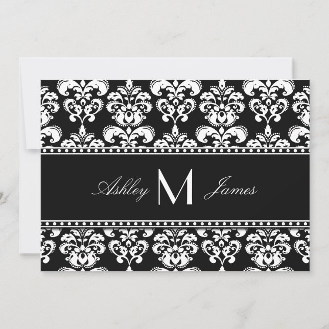 Reserva La Fecha Boda Monograma Damasco Negro Blanco Save the Date (Anverso)