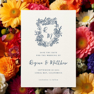 Reserva La Fecha Boda Monograma Escudo floral azul dibujado a mano