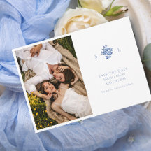 Boda Monogramado Floral Azul y Blanco Plano