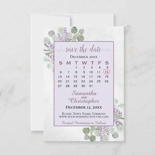 Reserva La Fecha Boda morado del calendario de lavanda de eucalipto (Anverso)