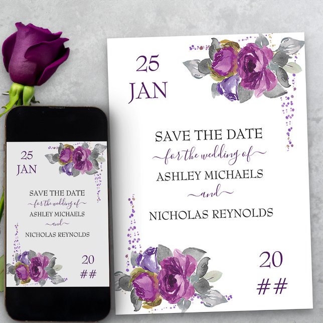 Reserva La Fecha Boda morado floral y confetti (Purple floral wedding save the date from my Plush Purple Wedding Collection)